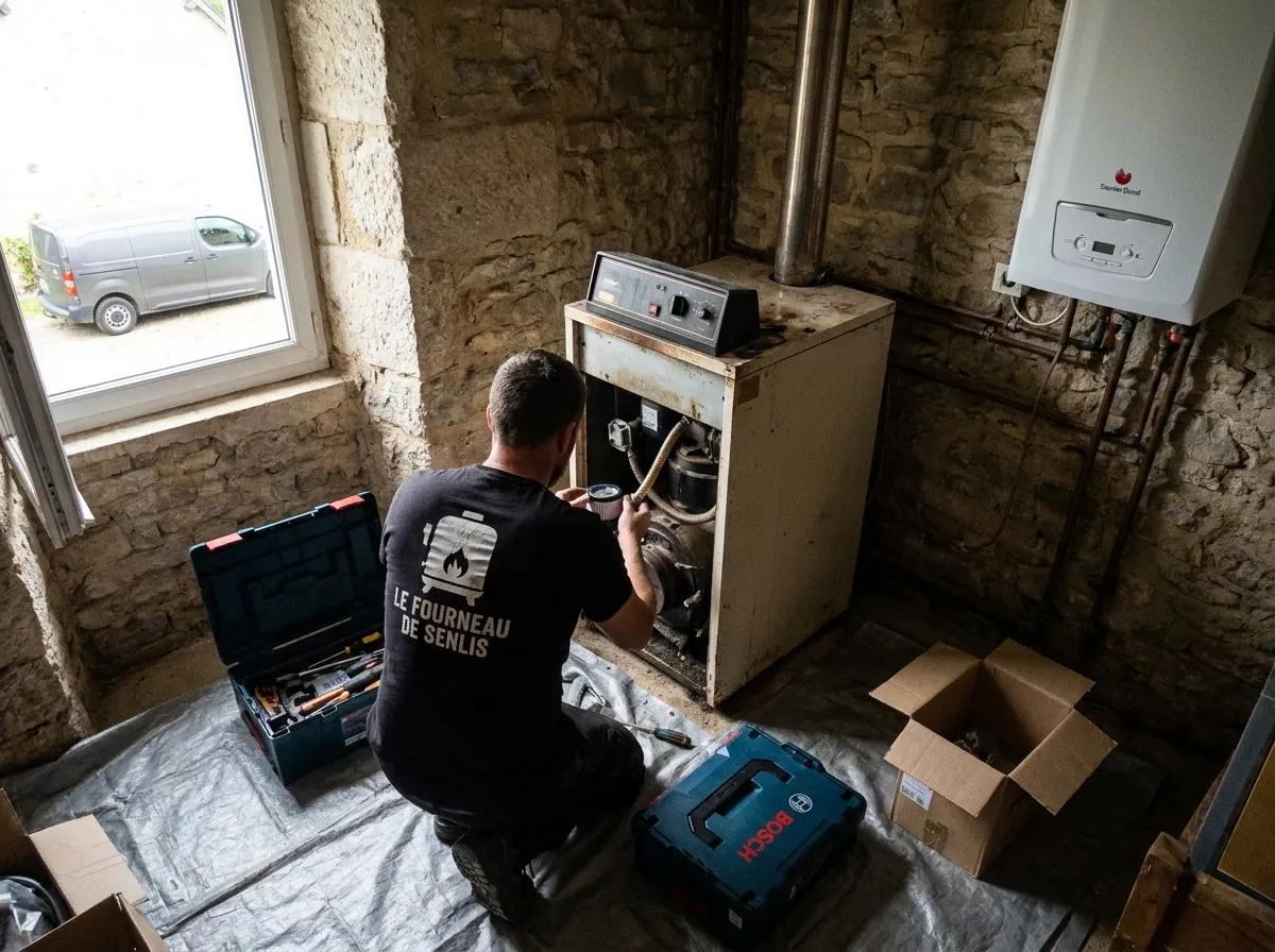 Chauffagiste du Fourneau de Senlis en entretien d'une chaudière fioul au sol, dans une maison en pierre à Senlis (60)